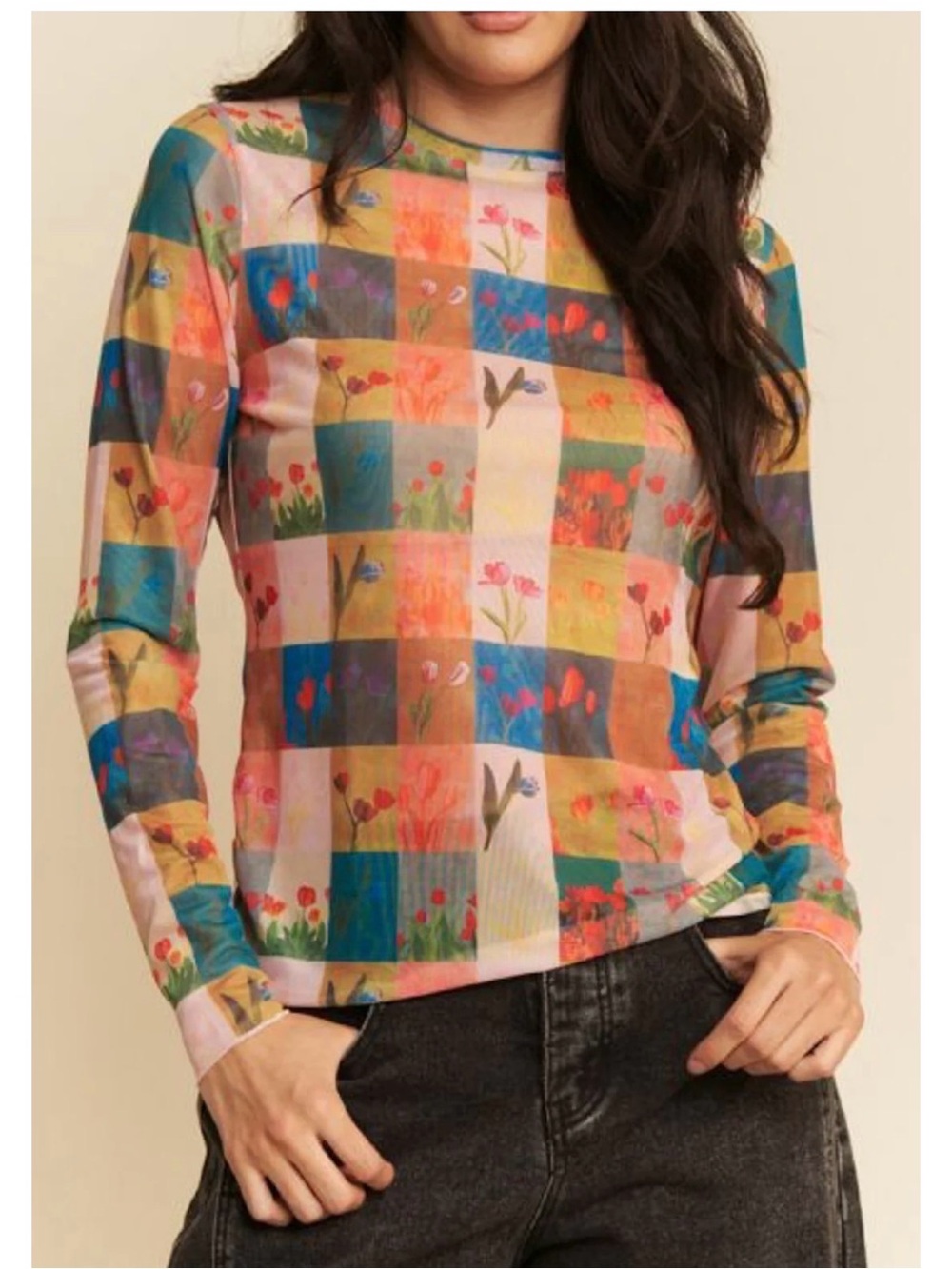 Davi‎ & Dani Floral Patchwork Mesh Top Multicolor Sheer Long Sleeve Layering Top